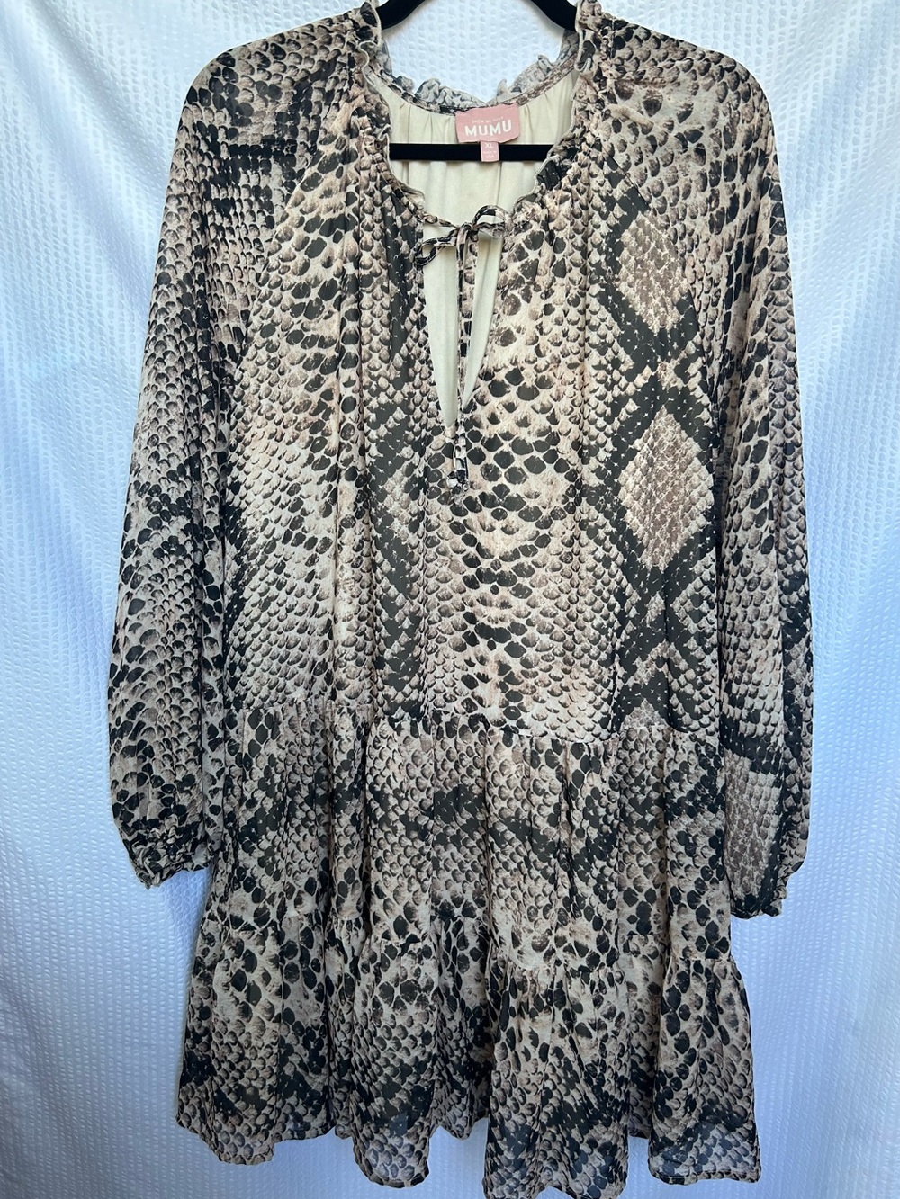 Show Me Your MuMu Long-Sleeve Snake Print Tiered Dress in Taupe & Black Size XL